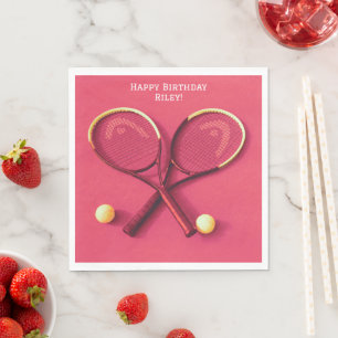 Pink Red  Rackets and Balls Birthday Tennis Party Napkin