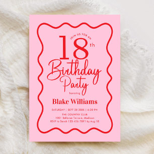 Pink Red Retro 18th Birthday Wavy Border Invitation
