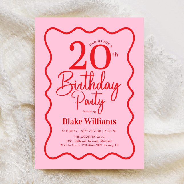 Pink Red Retro 20th Birthday Wavy Border Invitation (Creator Uploaded)