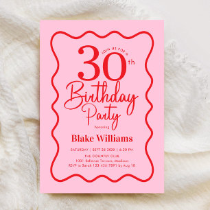Pink Red Retro 30th Birthday Wavy Border Invitation