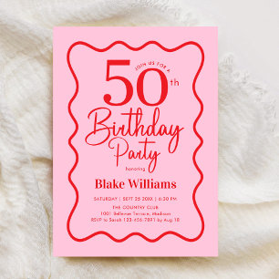 Pink Red Retro 50th Birthday Wavy Border Invitation