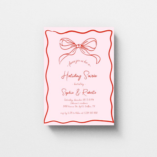 Pink Red Retro Bow French Christmas Holiday Soirée Invitation (Creator Uploaded)