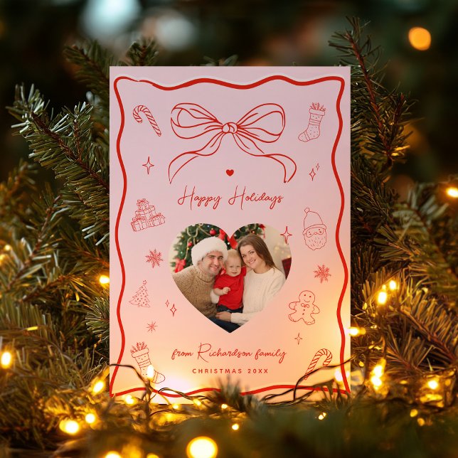 Pink & Red Retro Bow Photo Happy Holidays Card (Creator Uploaded)