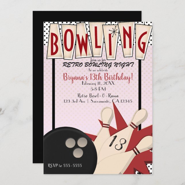 Pink Red Retro Bowling Bowl Night Birthday Party Invitation (Front/Back)