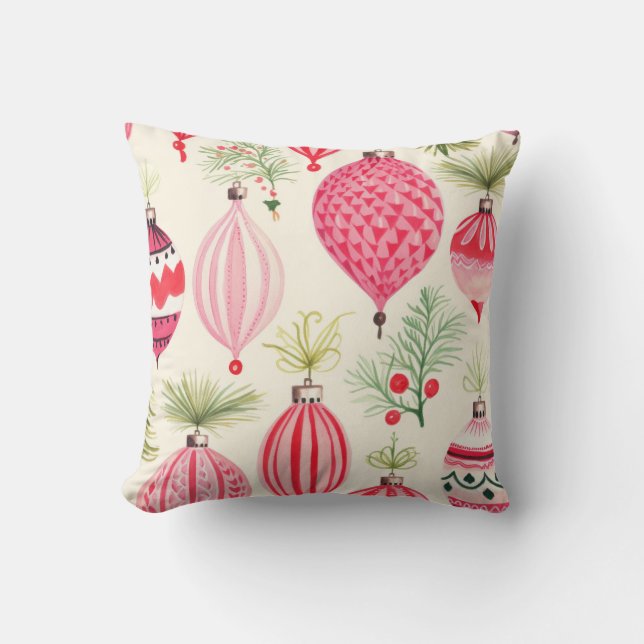 Pink Red Retro Christmas Ornament Cushion (Front)
