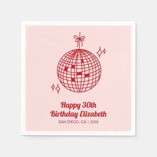 Pink & Red Retro Disco Ball Birthday Party Napkins (Front)