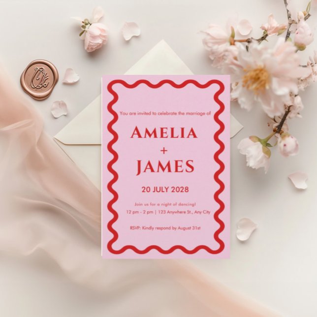 Pink Red Retro Doodle wedding invitation (Creator Uploaded)