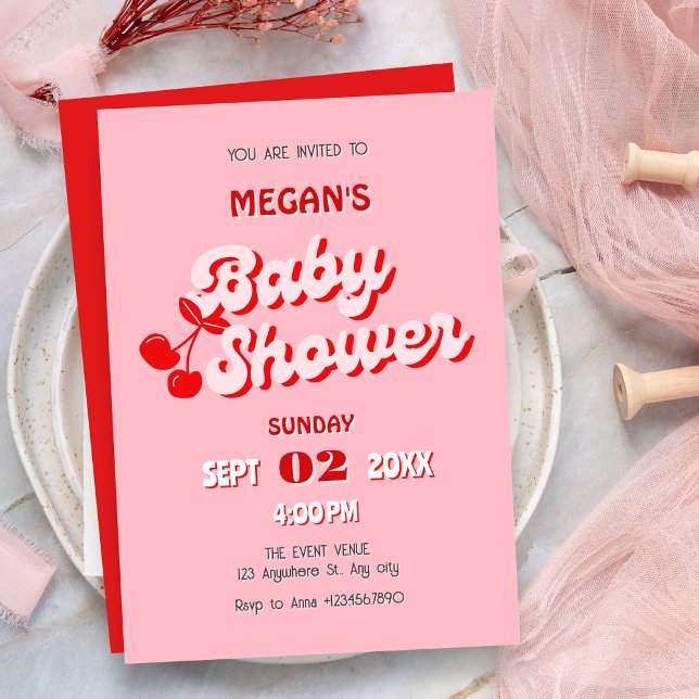 Pink red retro groovy cherry baby shower invitation (Creator Uploaded)