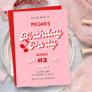 Pink red retro groovy cherry birthday invitation