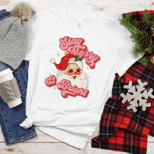 Pink Red Retro Groovy Santa Stay Merry and Bright  T-Shirt
