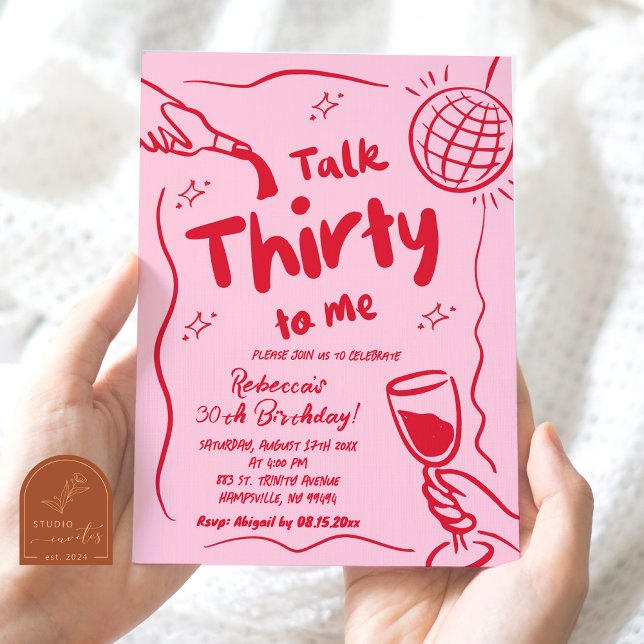 Pink Red Retro Vintage Illustrated 30th Birthday Invitation (Creator Uploaded)