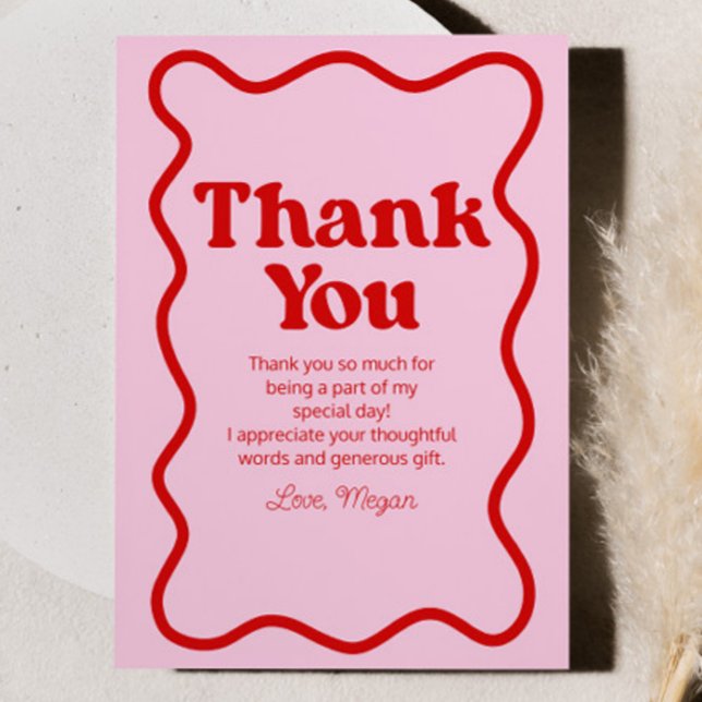 Pink Red Retro Wavy Border Birthday Party Thank You Card (Creator Uploaded)