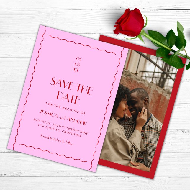 Pink Red Retro Wavy Seventies Wedding Save The Date (Creator Uploaded)
