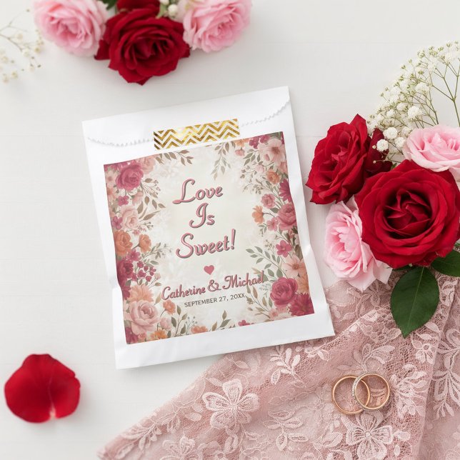 Pink & Red Romantic Rose Spring Wedding  Favour Bag (Flat lay pink red floral spring vintage wedding 'love is sweet' favor bag )