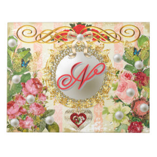 Pink Red Rose Blue Butterfly Silver Pearl Damask  Notepad