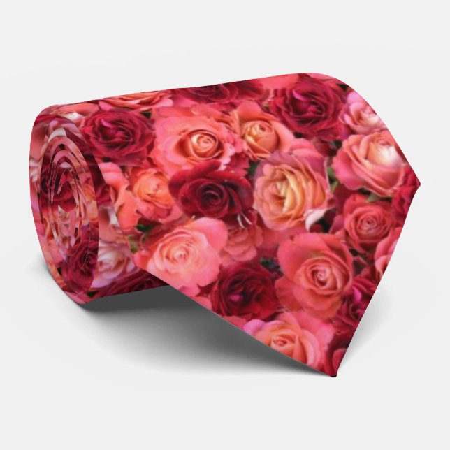 PINK RED ROSE FIELD Floral Pattern Tie (Rolled)