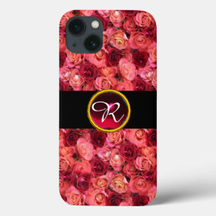 PINK RED ROSE FIELD ,RED RUBY GEMSTONE MONOGRAM iPhone 13 CASE