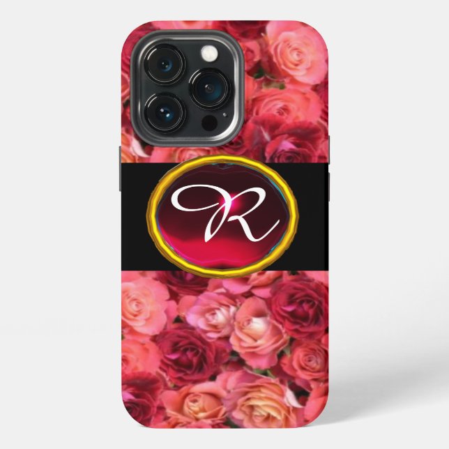 PINK RED ROSE FIELD ,RED RUBY GEMSTONE MONOGRAM iPhone CASE (Back)