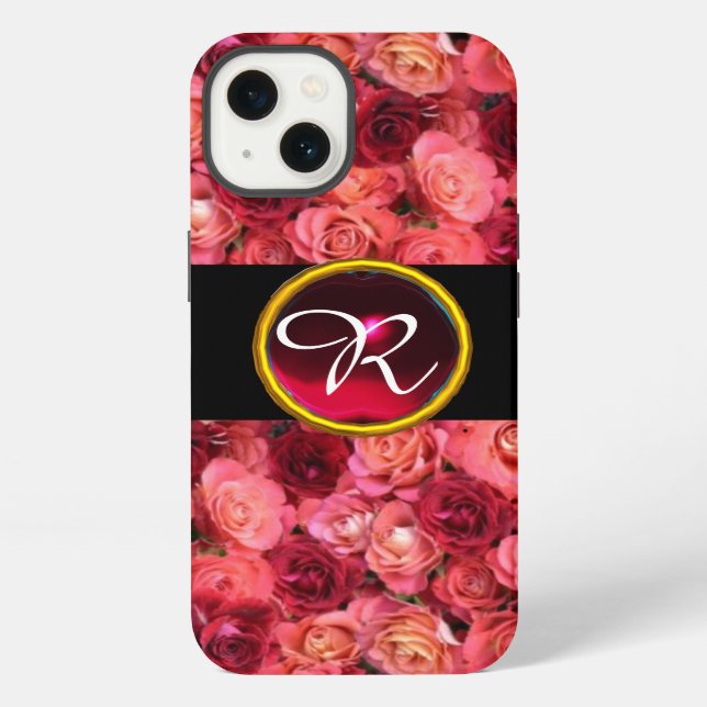 PINK RED ROSE FIELD ,RED RUBY GEMSTONE MONOGRAM iPhone CASE (Back)