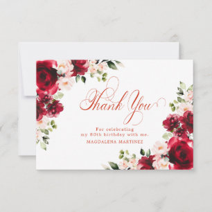 Pink Red Rose Floral 80th Birthday Personalised Thank You Card