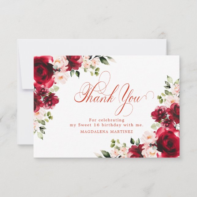 Pink Red Rose Floral Sweet 16 Personalised Thank You Card (Front)