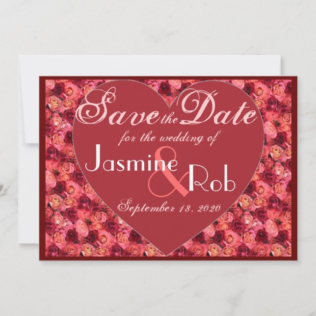 Pink red rose valentine Save the Date invites (Front)