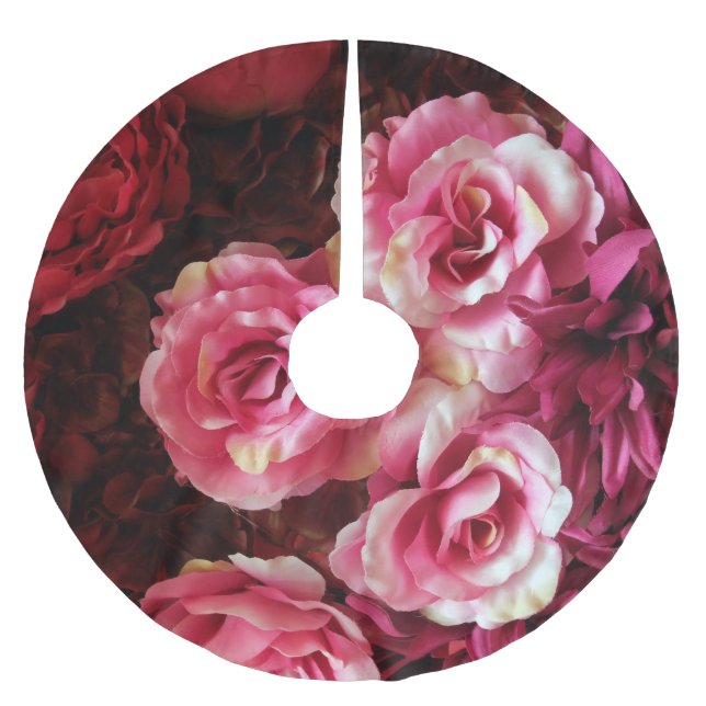 Pink, red roses: fabric background. brushed polyester tree skirt (Front)