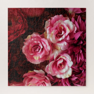 Pink, red roses: fabric background. jigsaw puzzle