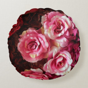 Pink, red roses: fabric background. round cushion