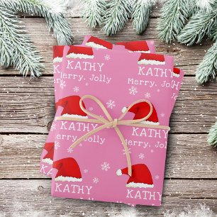 Pink Red Santa Hat Snowflake Merry Jolly Kids Wrapping Paper Sheet