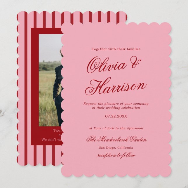 Pink Red Scalloped Minimalist Script Wedding Invitation (Front/Back)