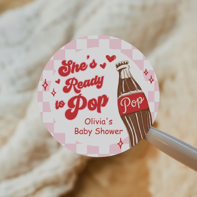 Pink Red She's Ready to Pop Baby Shower Classic Round Sticker (Creator Uploaded)