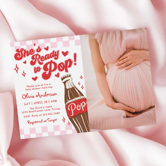 Pink Red She's Ready to Pop Baby Shower Photo Invitation