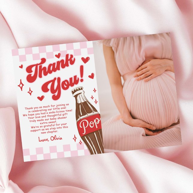 Pink Red She's Ready to Pop Baby Shower Photo Thank You Card (Creator Uploaded)
