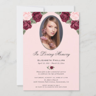 Pink Red Silver Floral Photo Memorial Service Invitation