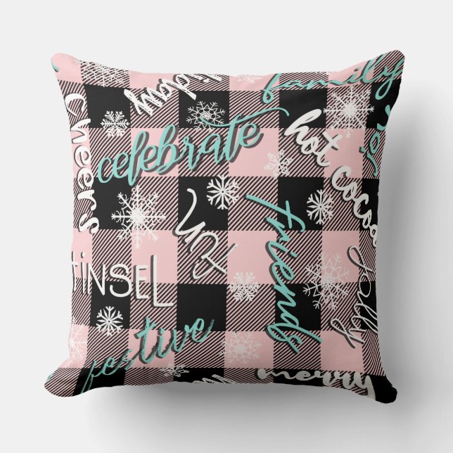 Pink/Red Snowflake Festive Plaid Chritmas Pillow (Front)