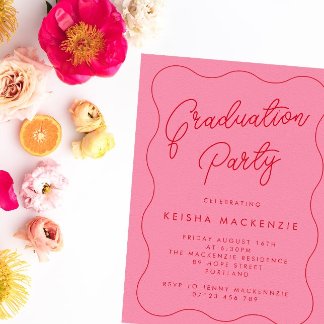 Pink & Red Squiggle Graduation Party Invitation (Creator Uploaded)
