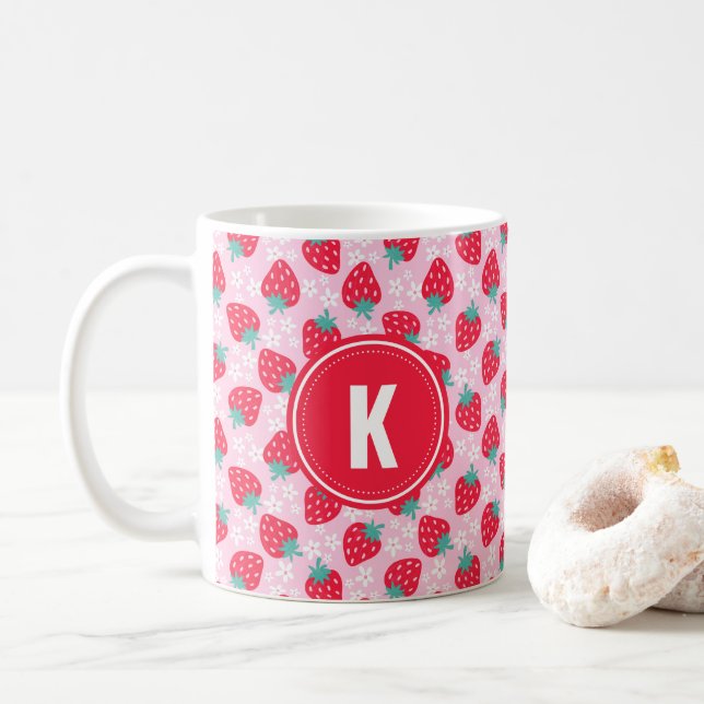 Pink Red Strawberries Floral  Pattern Monogram Coffee Mug (With Donut)