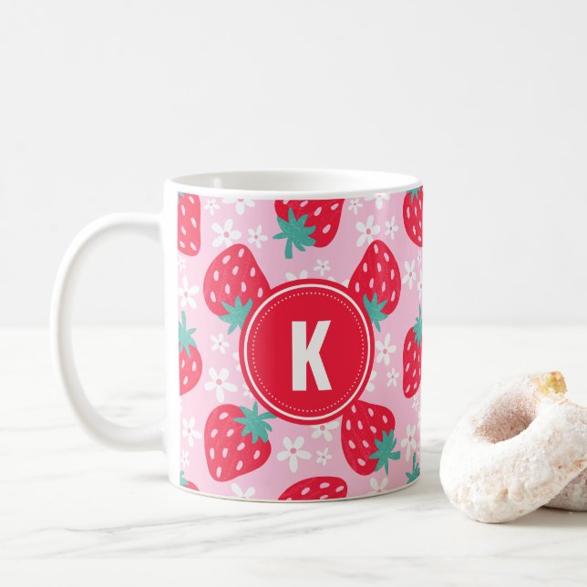 Pink Red Strawberries Floral  Pattern Monogram Coffee Mug (With Donut)