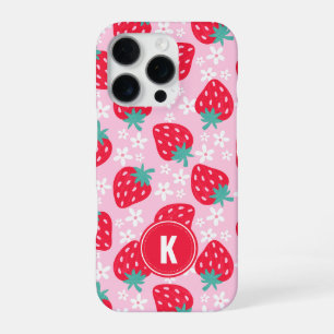 Pink Red Strawberries Floral Pattern Monogram iPhone 16 Pro Case