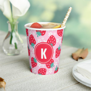 Pink Red Strawberries Floral Pattern Monogram Paper Cups