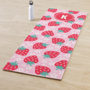 Pink Red Strawberries Floral  Pattern Monogram Yoga Mat