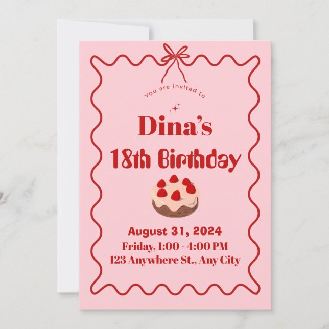 Pink Red Strawberry Cupcake Birthday Invite (Front)