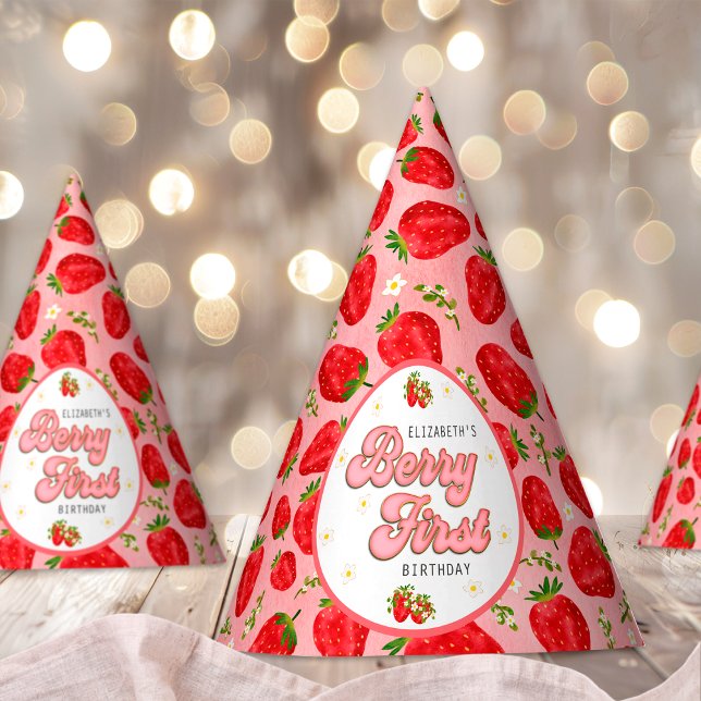 PInk Red Strawberry First Birthday Berry First Party Hat (Creator Uploaded)