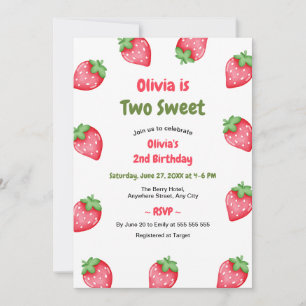 Pink & Red Strawberry Two Sweet 2nd Birthday Invitation