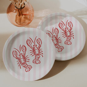 Pink & Red Stripe Lobster Birthday Paper Plate