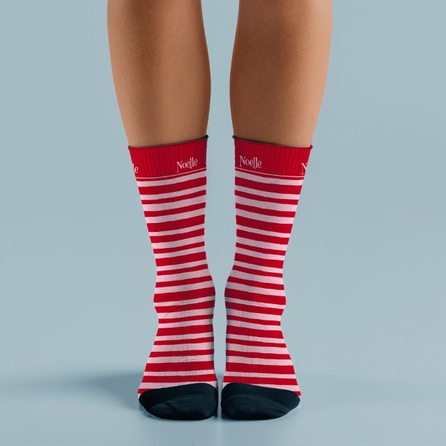 Pink Red Stripe Name Hand Drawn Quirky Christmas Socks (Creator Uploaded)