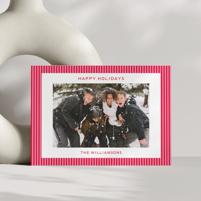 Pink Red Stripes Festive Family Horizontal Photo  Holiday Card (Creator Uploaded)