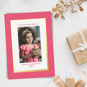 Pink Red Stripes Festive Family Multi 3 Photo Gold Foil Holiday Card