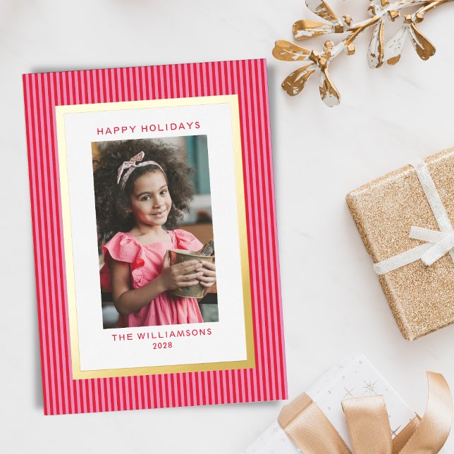 Pink Red Stripes Festive Family Multi 3 Photo Gold Foil Holiday Card (Creator Uploaded)